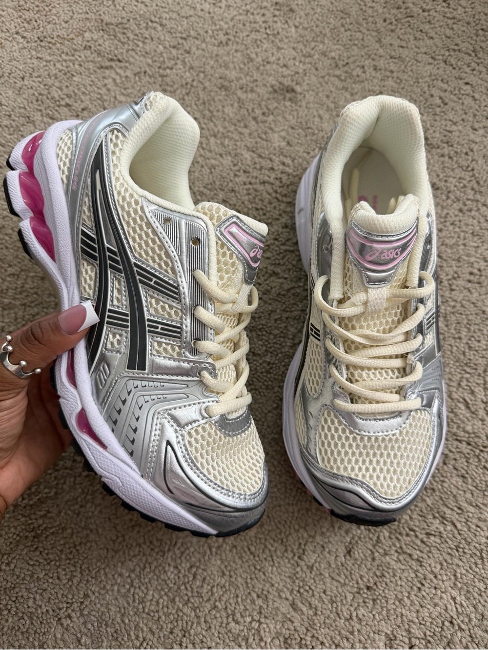 ASICS Women's Neutral Running Sneakers in Cream & Silver with Pink Accents
